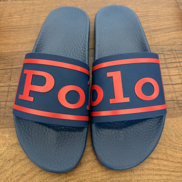 NWOT POLO Ralph Lauren Men's Slides Size 13 Blue Spell out Beach Sandals - Picture 1 of 7